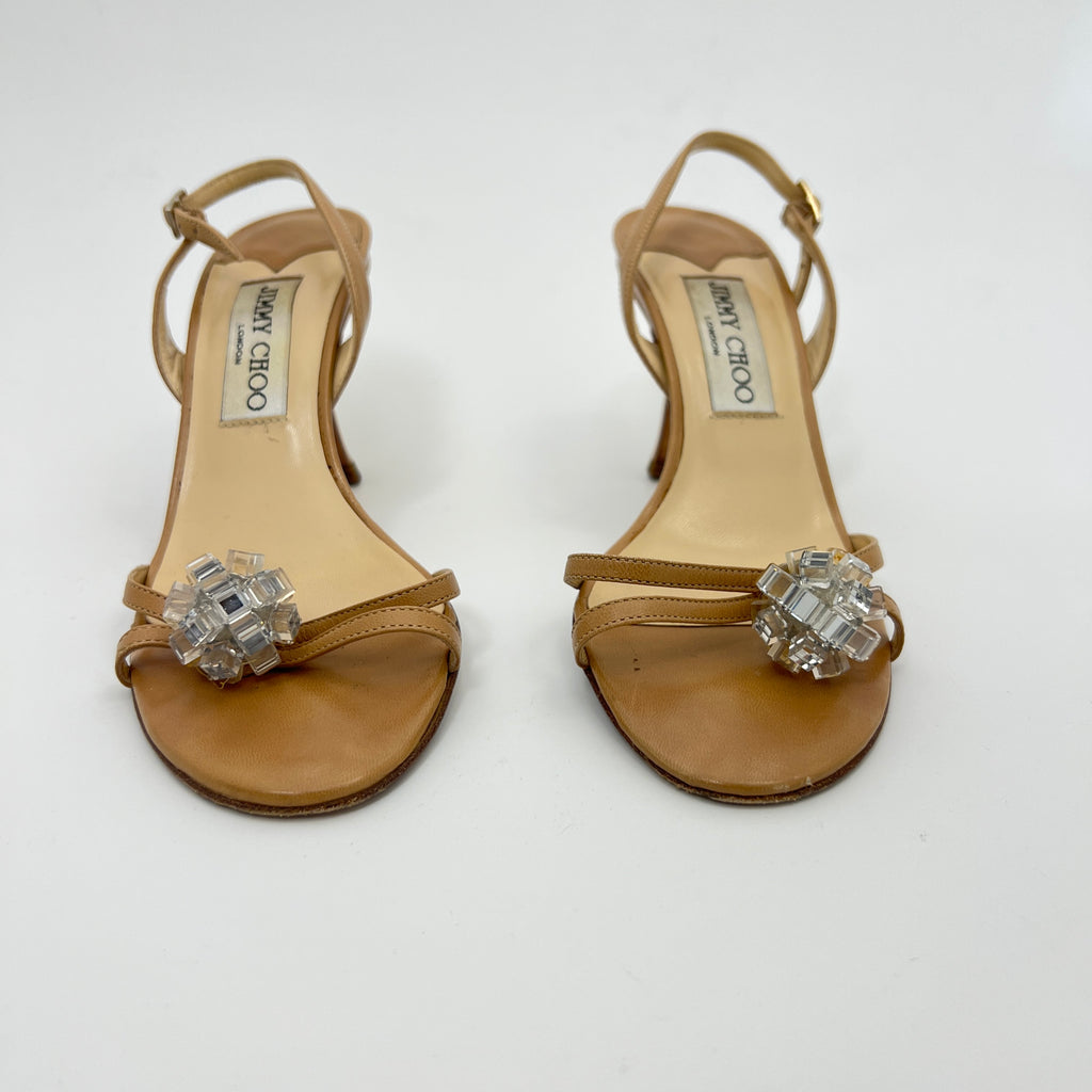 Jimmy Choo | Camel Tan Leather Mirror Ball Appliqué Strappy Slingback (35.5)