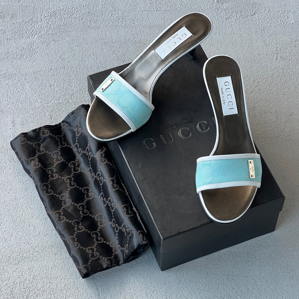 Gucci | Vintage 2000s Tom Ford Era Turquoise Blue GG Monogram Slide Mules Rare (36.5)