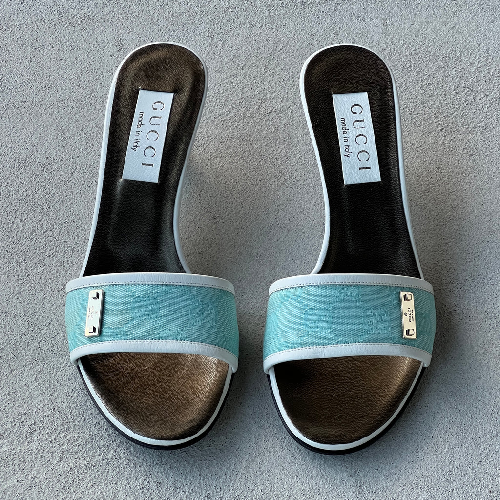 Gucci | Vintage 2000s Tom Ford Era Turquoise Blue GG Monogram Slide Mules Rare (36.5)