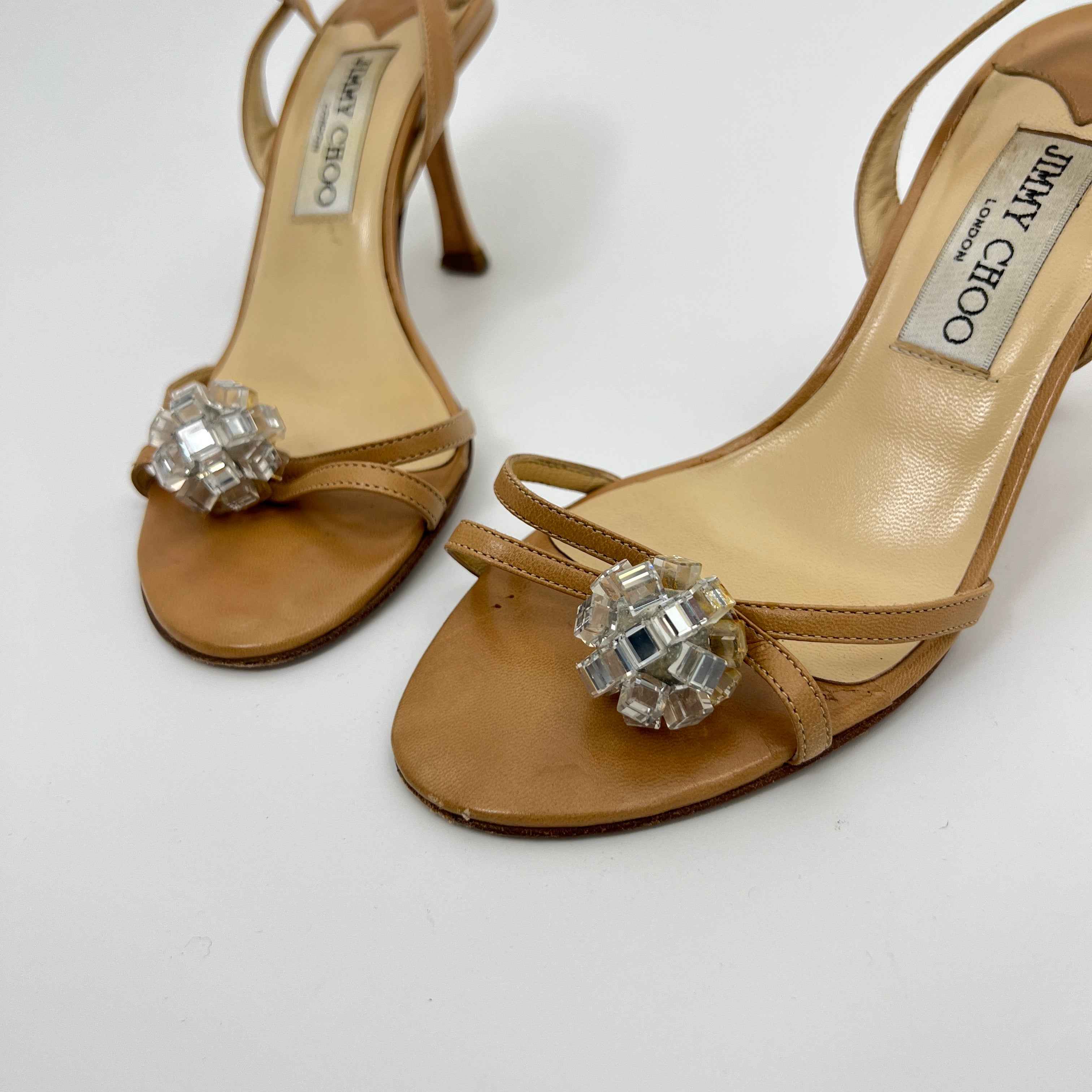 Jimmy Choo | Camel Tan Leather Mirror Ball Appliqué Strappy Slingback (35.5)