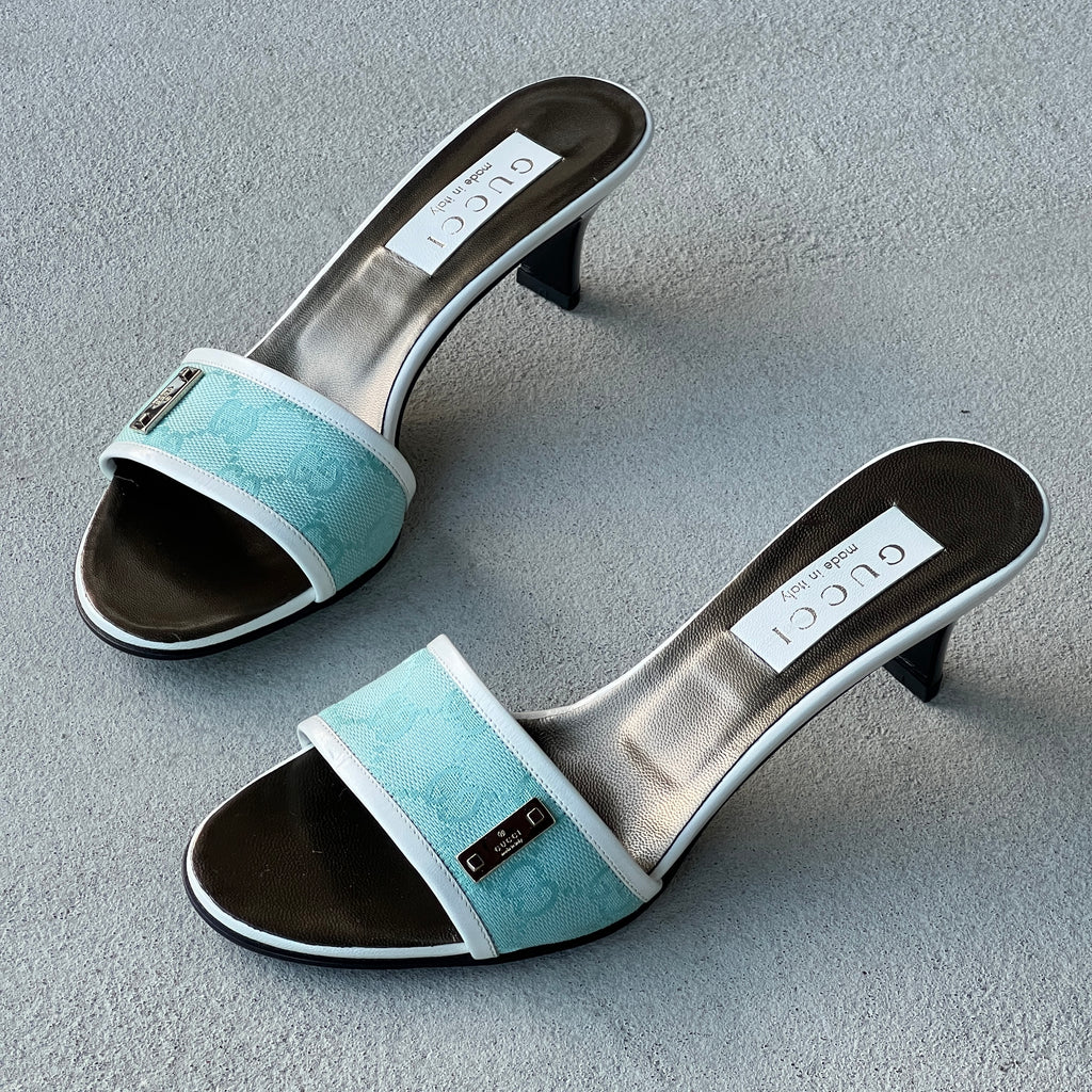 Gucci | Vintage 2000s Tom Ford Era Turquoise Blue GG Monogram Slide Mules Rare (36.5)