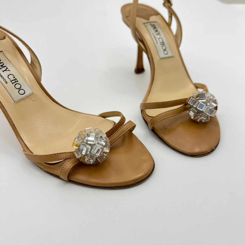 Jimmy Choo | Camel Tan Leather Mirror Ball Appliqué Strappy Slingback (35.5)