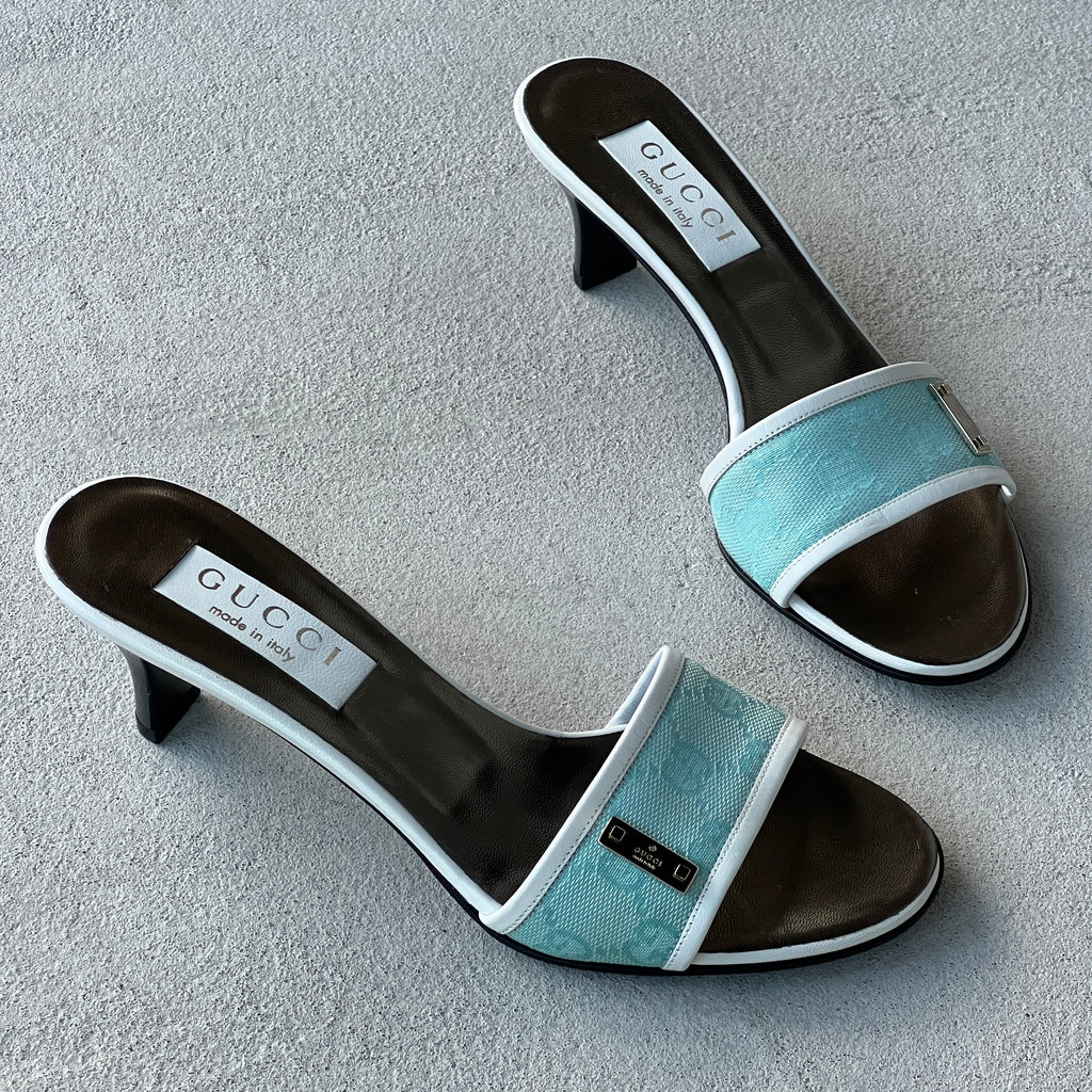 Gucci | Vintage 2000s Tom Ford Era Turquoise Blue GG Monogram Slide Mules Rare (36.5)