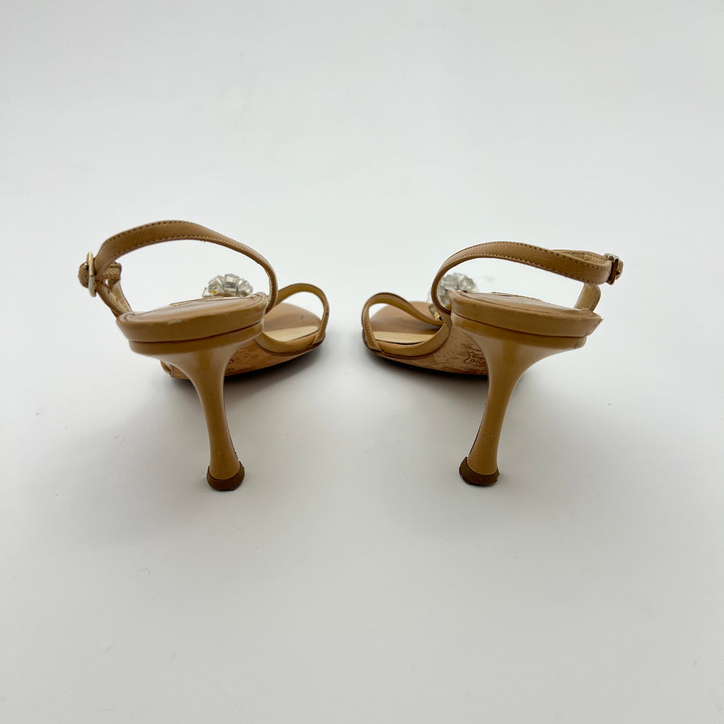Jimmy Choo | Camel Tan Leather Mirror Ball Appliqué Strappy Slingback (35.5)