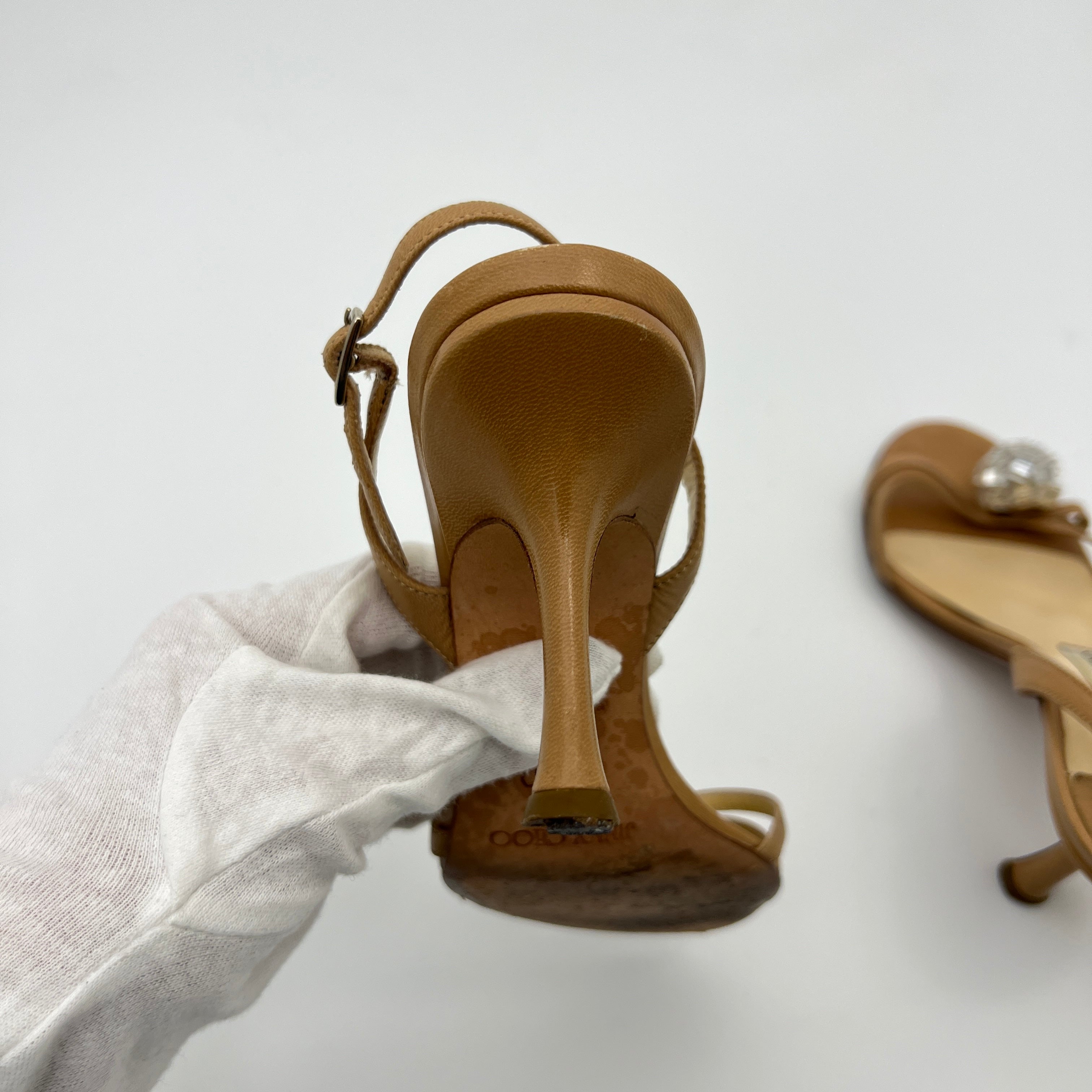 Jimmy Choo | Camel Tan Leather Mirror Ball Appliqué Strappy Slingback (35.5)