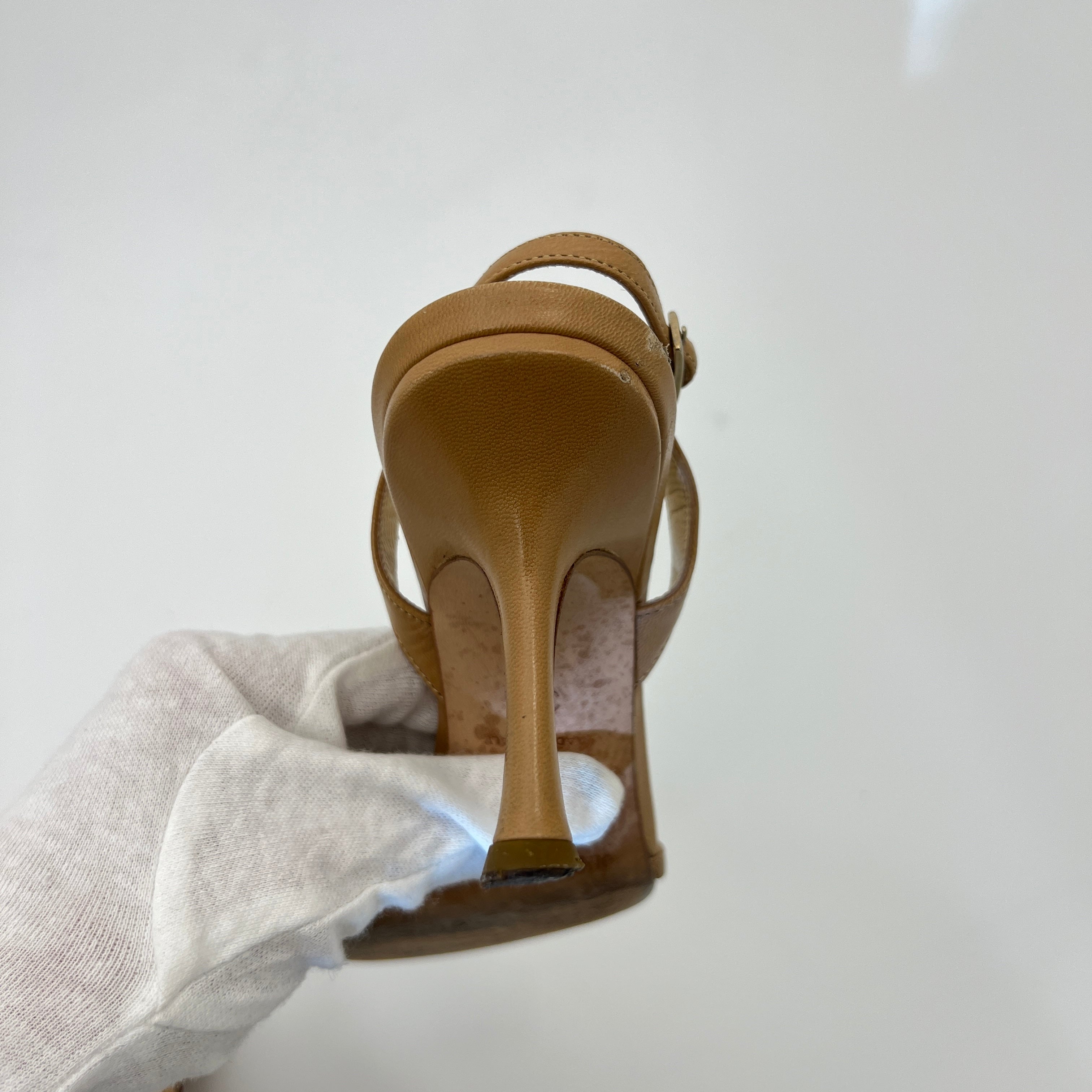 Jimmy Choo | Camel Tan Leather Mirror Ball Appliqué Strappy Slingback (35.5)