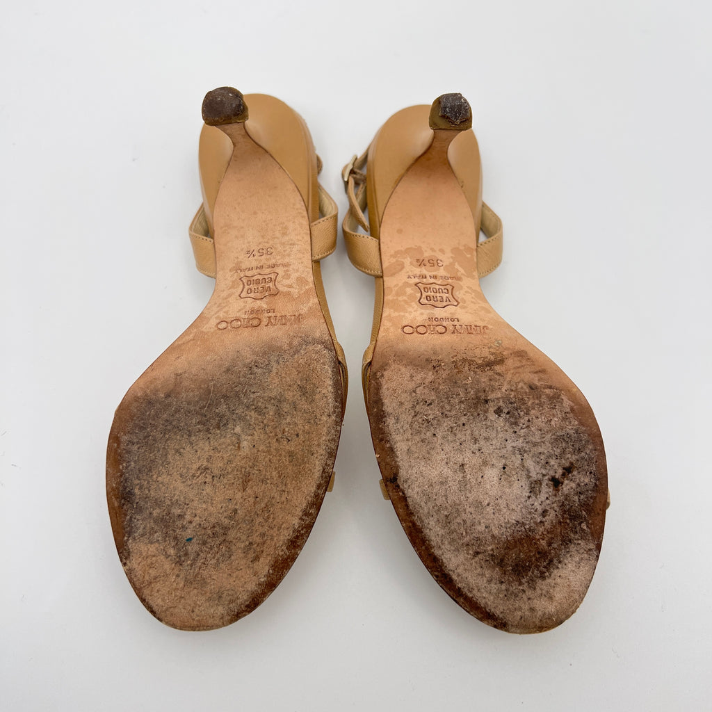 Jimmy Choo | Camel Tan Leather Mirror Ball Appliqué Strappy Slingback (35.5)