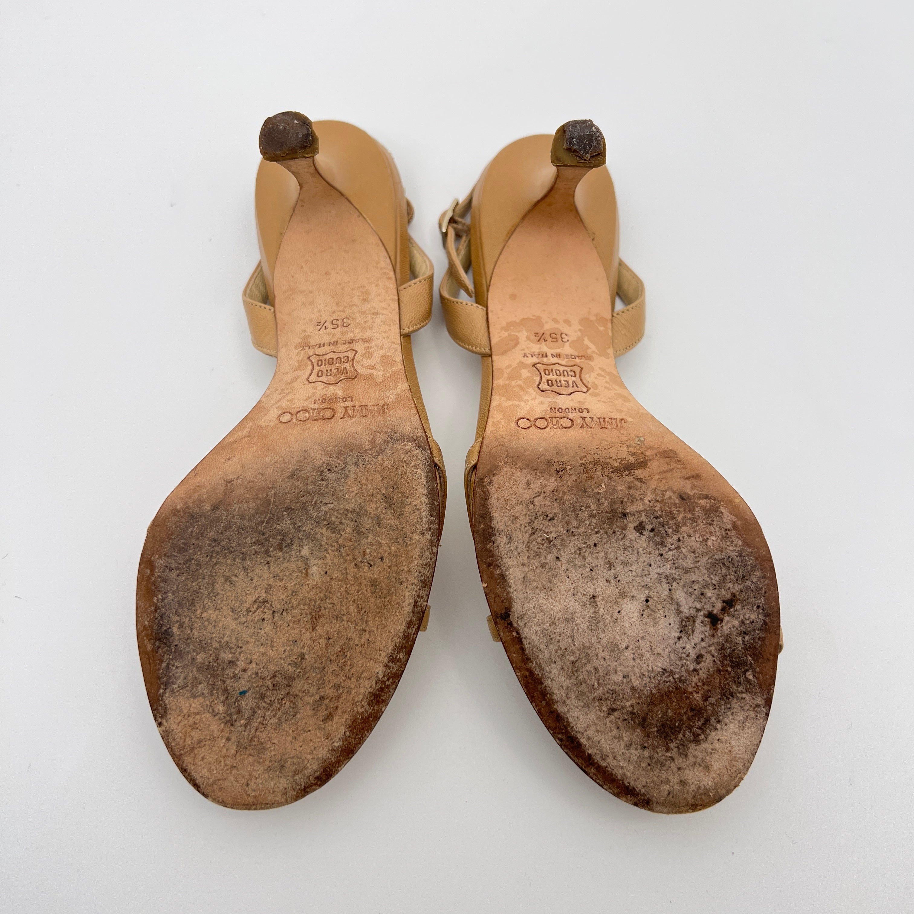 Jimmy Choo | Camel Tan Leather Mirror Ball Appliqué Strappy Slingback (35.5)