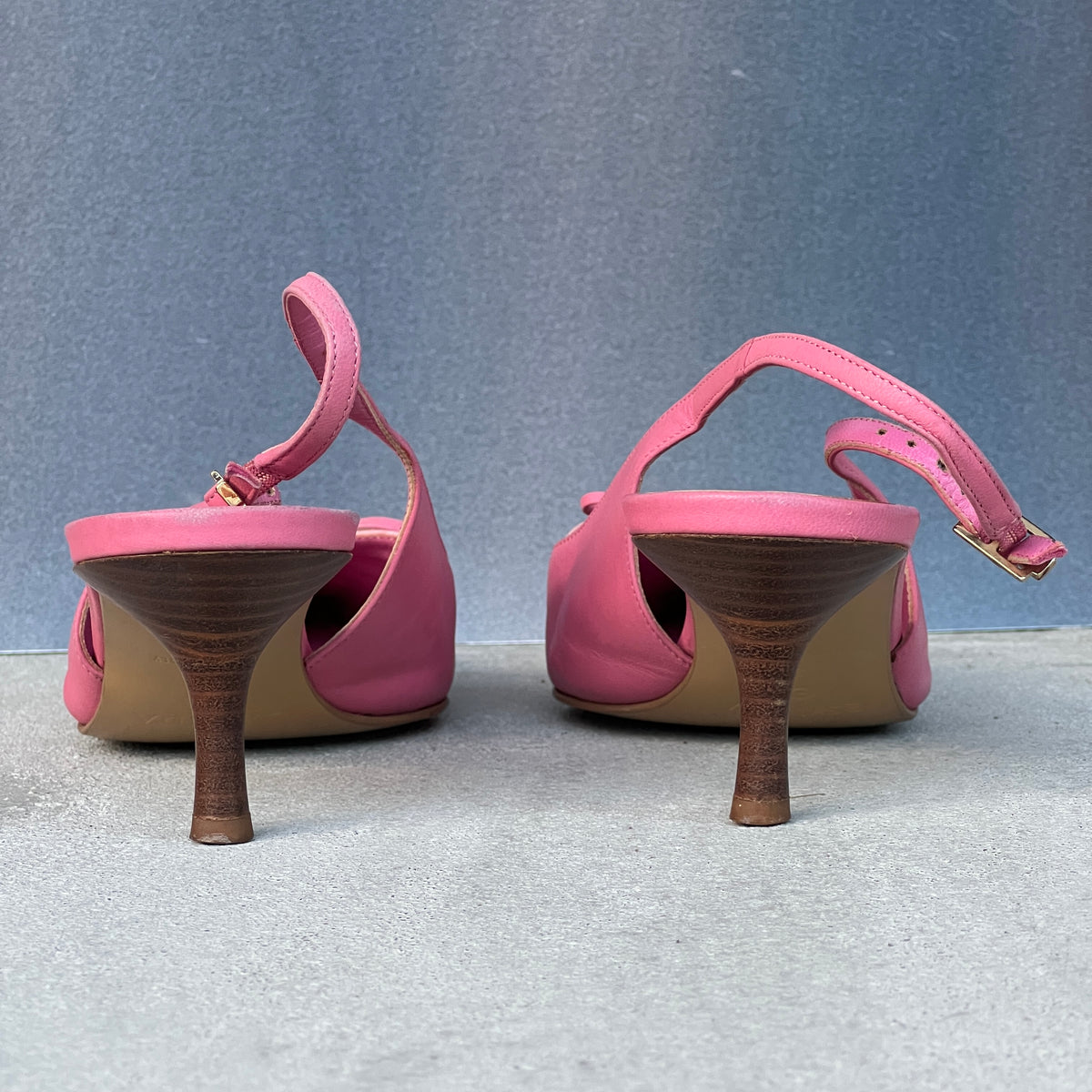 Escada | Pink Leather Lace Up Pointed Toe Slingback Heels (38)