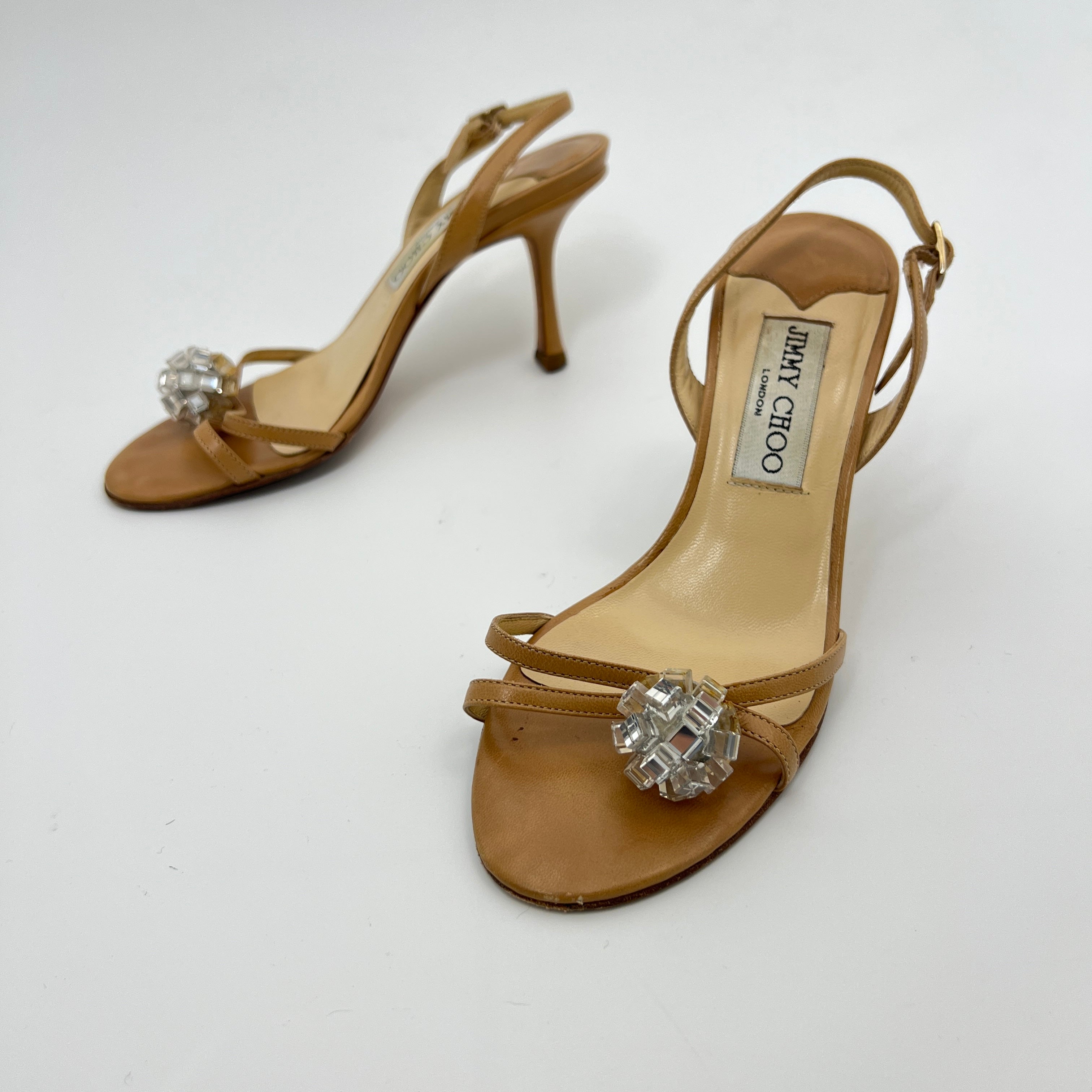 Jimmy Choo | Camel Tan Leather Mirror Ball Appliqué Strappy Slingback (35.5)