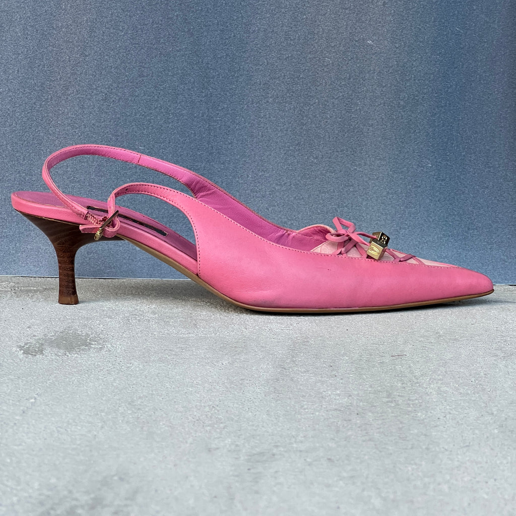 Escada | Pink Leather Lace Up Pointed Toe Slingback Heels (38)