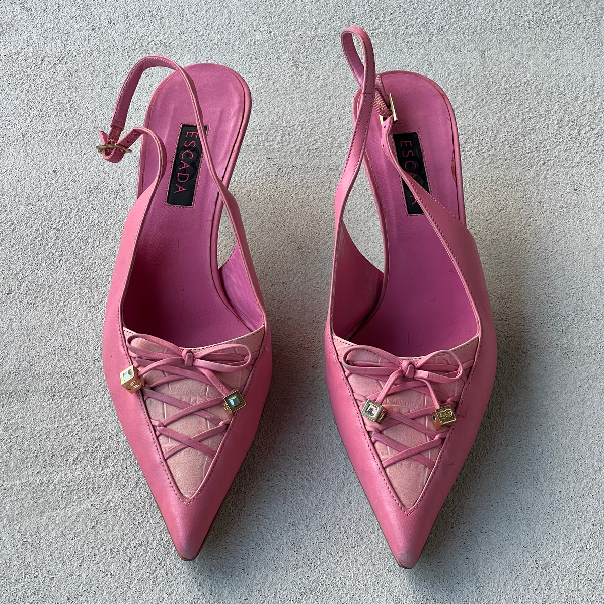 Escada | Pink Leather Lace Up Pointed Toe Slingback Heels (38)