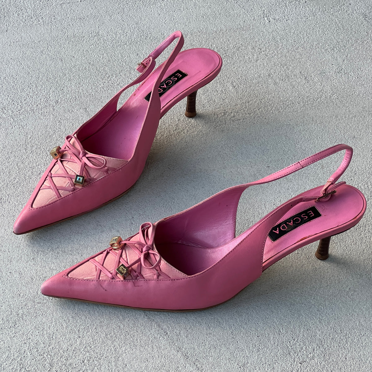 Escada | Pink Leather Lace Up Pointed Toe Slingback Heels (38)