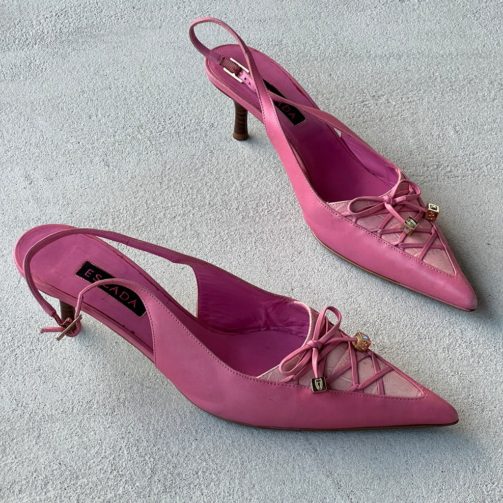 Escada | Pink Leather Lace Up Pointed Toe Slingback Heels (38)