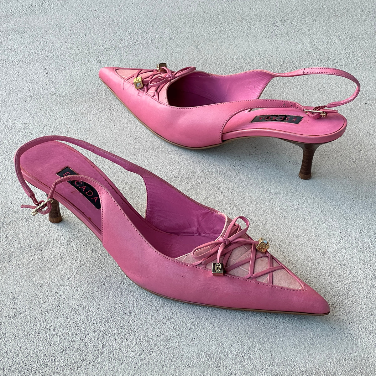 Escada | Pink Leather Lace Up Pointed Toe Slingback Heels (38)