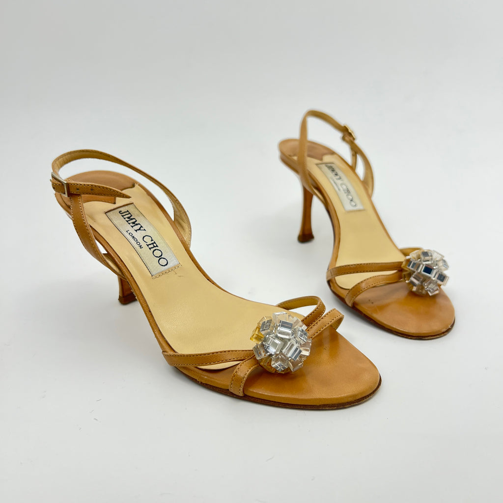 Jimmy Choo | Camel Tan Leather Mirror Ball Appliqué Strappy Slingback (35.5)