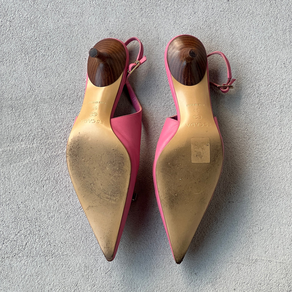 Escada | Pink Leather Lace Up Pointed Toe Slingback Heels (38)