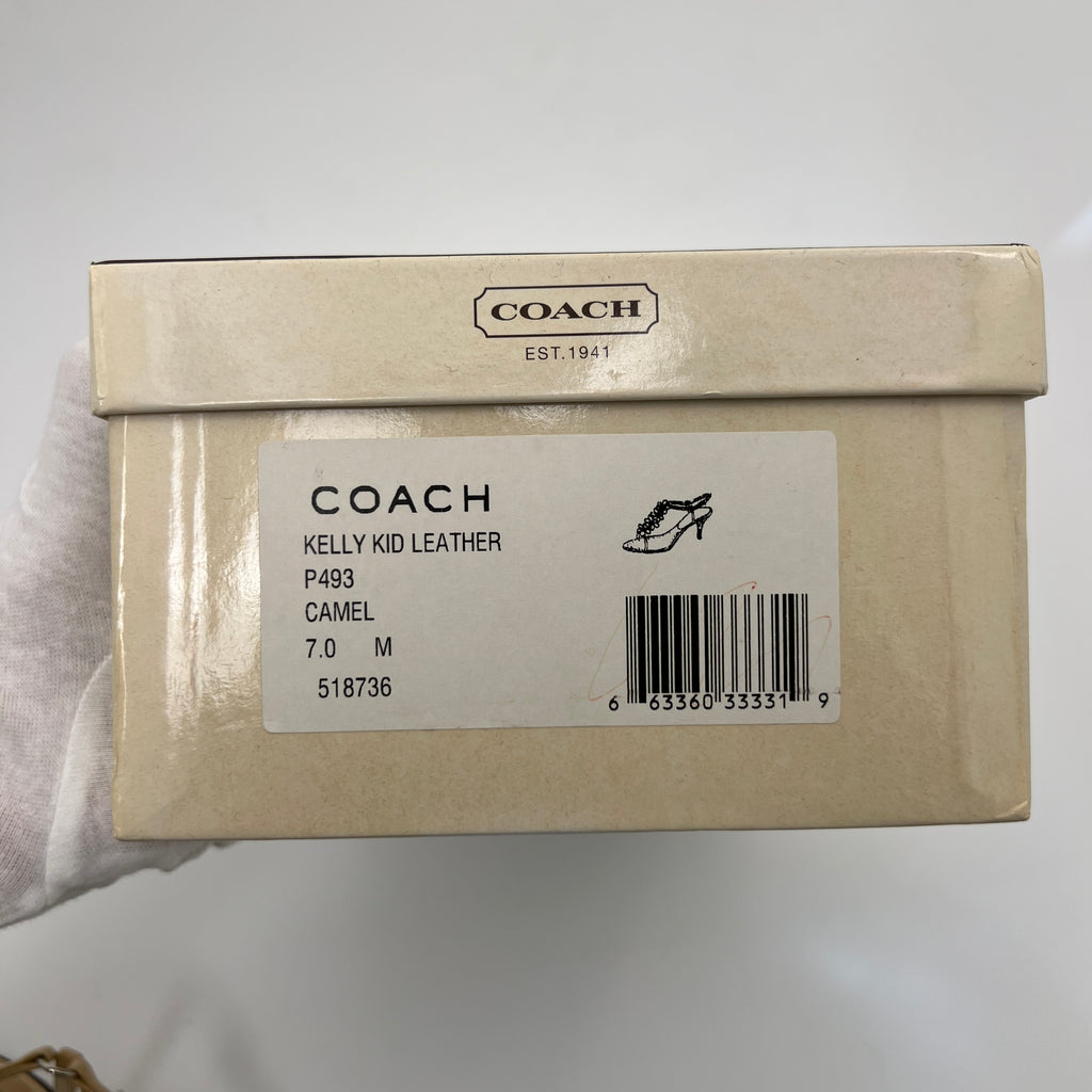 Coach | Kelly Camel Leather Flower Beige Sandal Heels (7, 37)