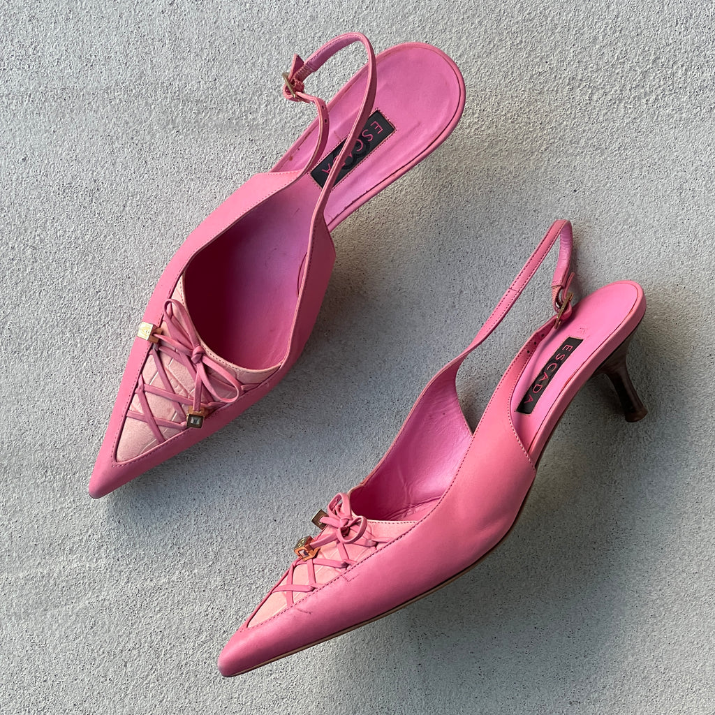 Escada | Pink Leather Lace Up Pointed Toe Slingback Heels (38)