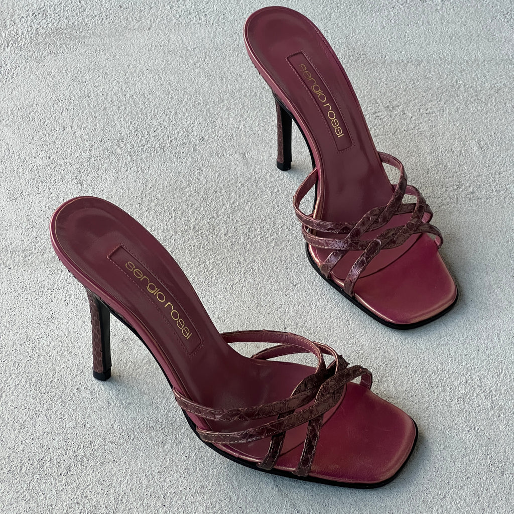 Sergio Rossi | Plum Snake Leather Strappy Sandal Mules (36)