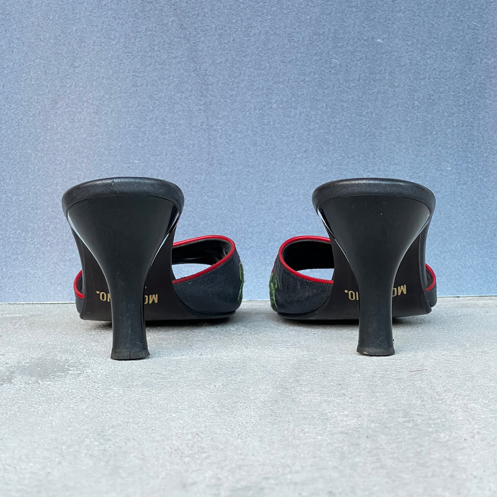 Moschino | Vintage Red Rose Embroidery Black Leather Slide Mules Rare (35.5)
