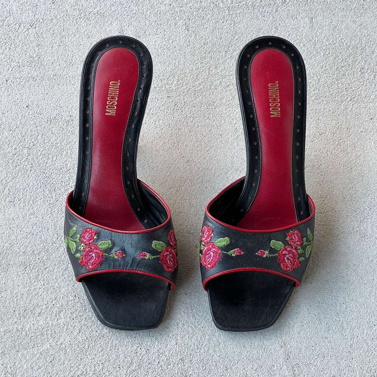 Moschino | Vintage Red Rose Embroidery Black Leather Slide Mules Rare (35.5)