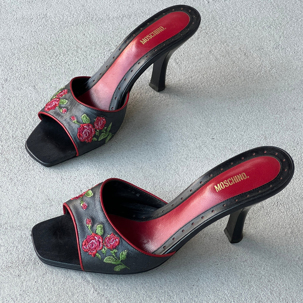 Moschino | Vintage Red Rose Embroidery Black Leather Slide Mules Rare (35.5)