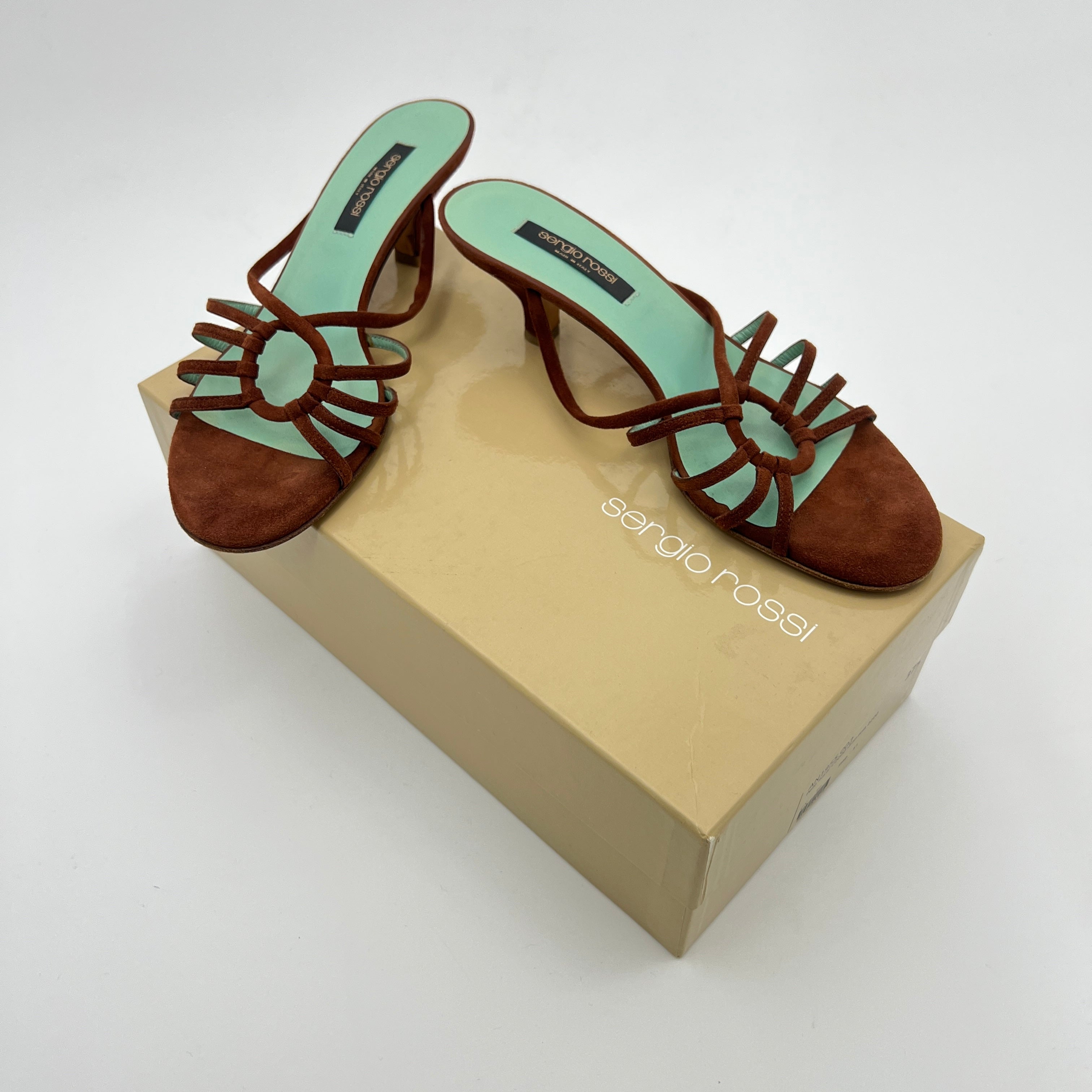 Sergio Rossi | Brown Suede Leather Strappy Mid Heel Sandal Mules (37.5)