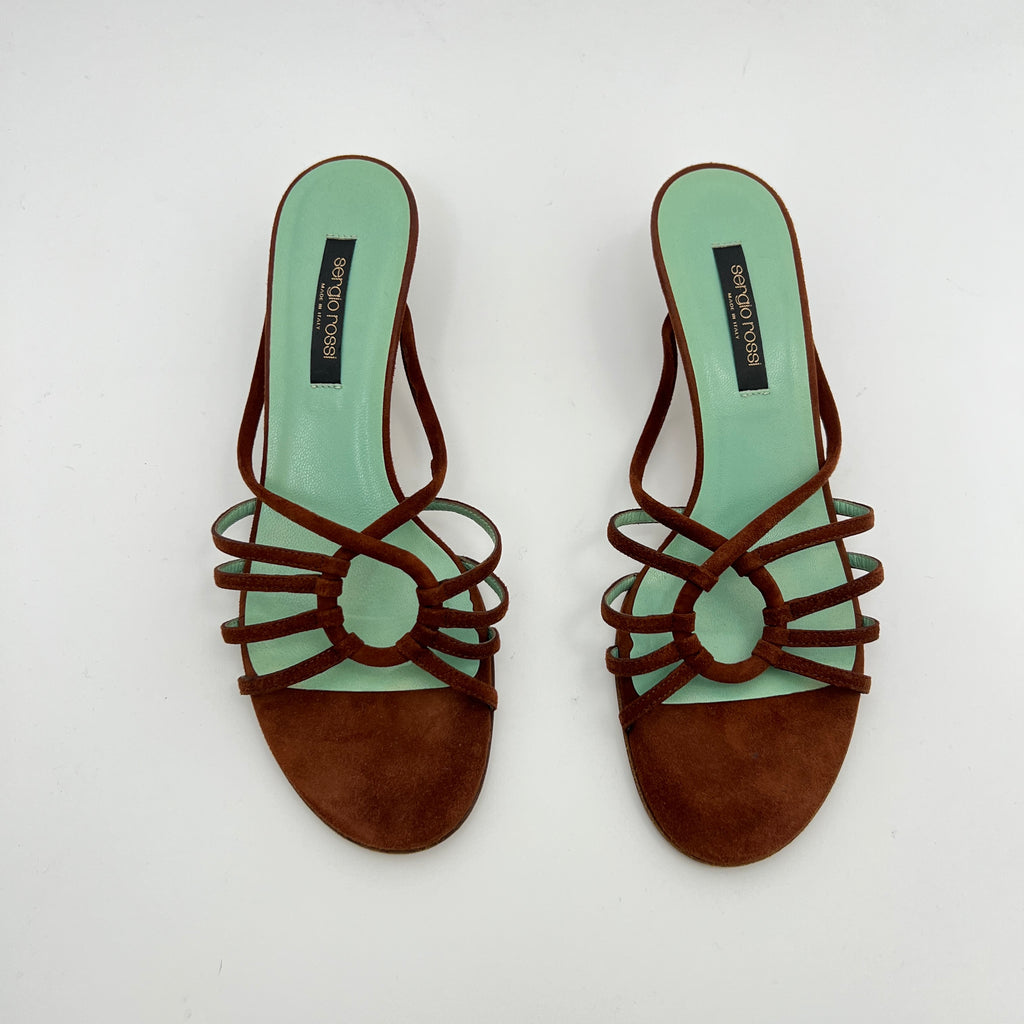 Sergio Rossi | Brown Suede Leather Strappy Mid Heel Sandal Mules (37.5)