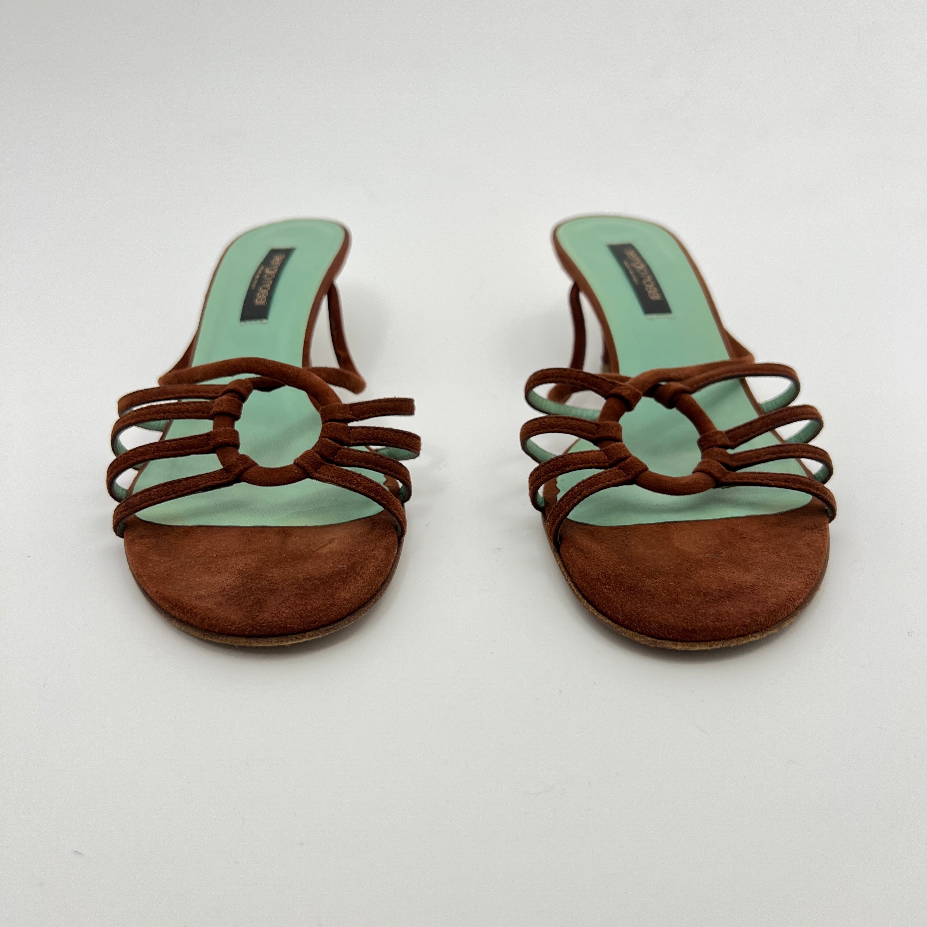 Sergio Rossi | Brown Suede Leather Strappy Mid Heel Sandal Mules (37.5)