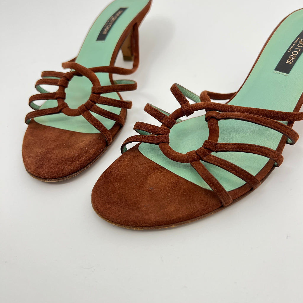 Sergio Rossi | Brown Suede Leather Strappy Mid Heel Sandal Mules (37.5)