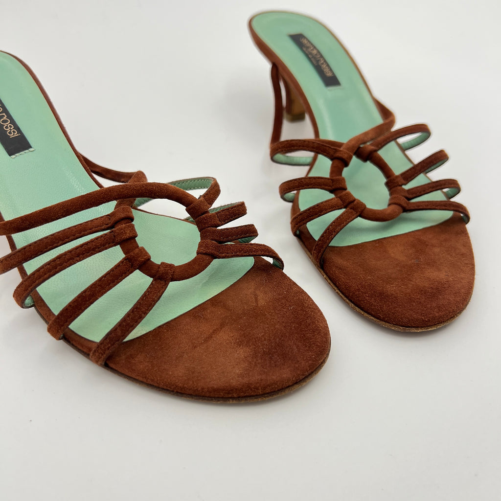 Sergio Rossi | Brown Suede Leather Strappy Mid Heel Sandal Mules (37.5)