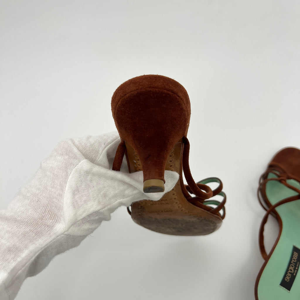 Sergio Rossi | Brown Suede Leather Strappy Mid Heel Sandal Mules (37.5)