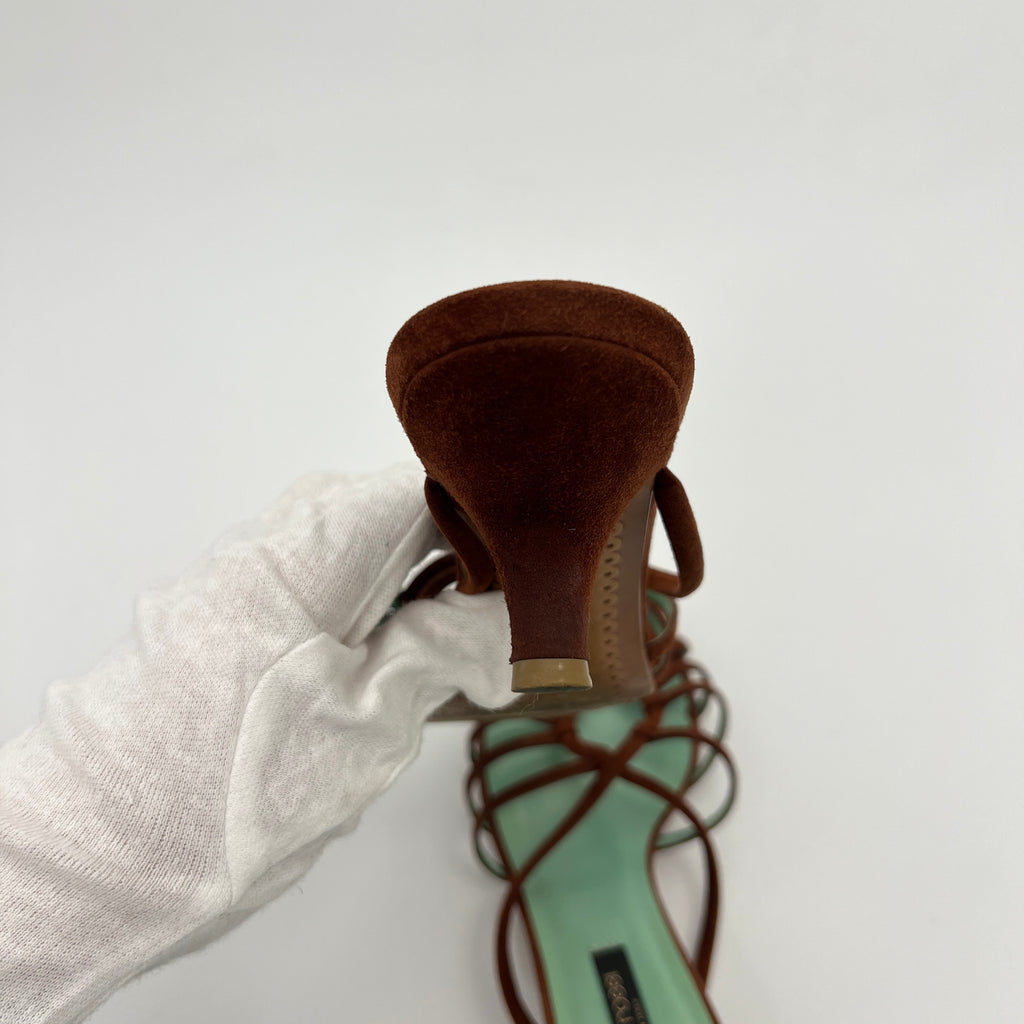 Sergio Rossi | Brown Suede Leather Strappy Mid Heel Sandal Mules (37.5)
