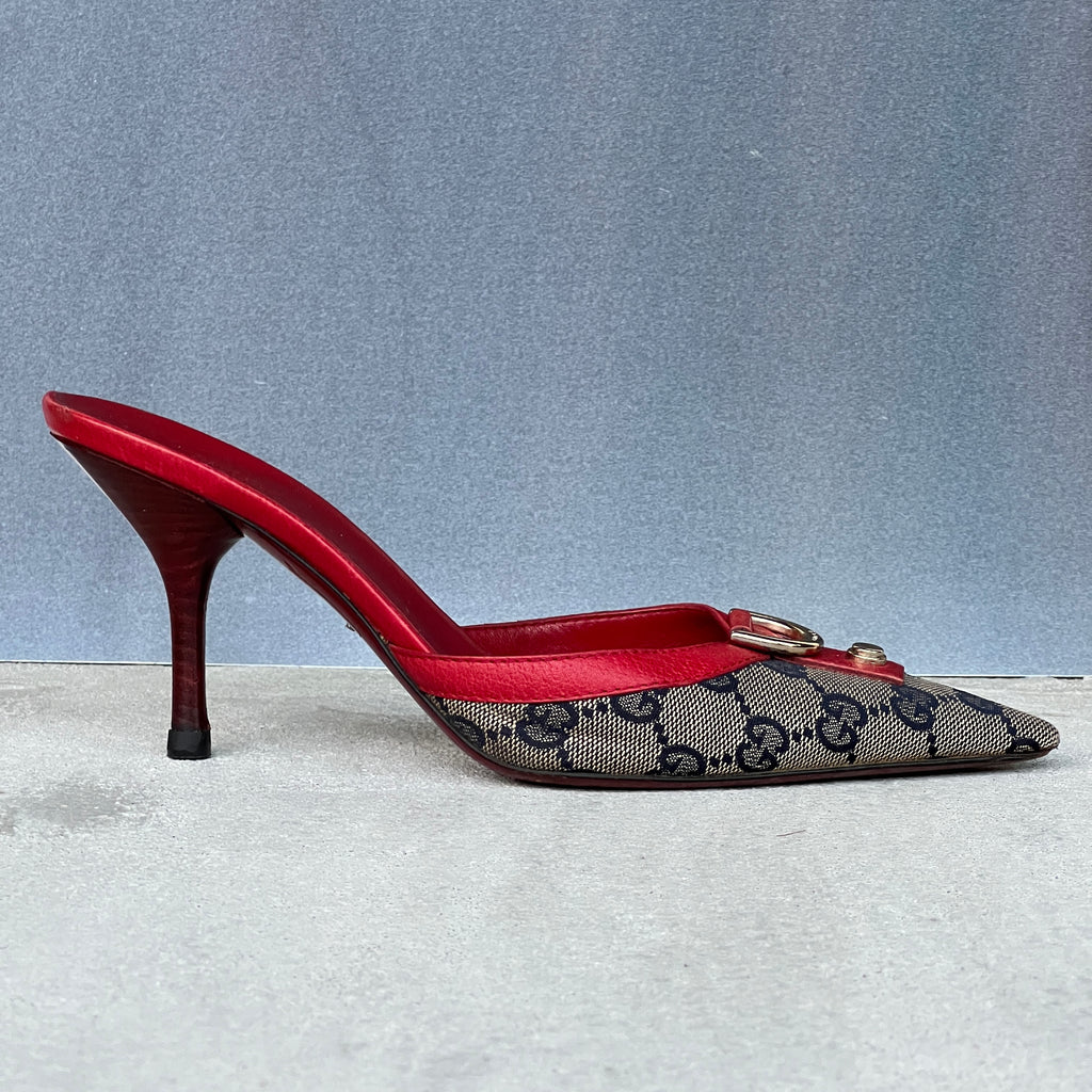 Gucci | Vintage Tom Ford Era GG Monogram Red Leather D Ring Pointed Toe Mules (35.5)