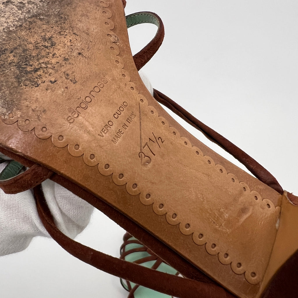 Sergio Rossi | Brown Suede Leather Strappy Mid Heel Sandal Mules (37.5)