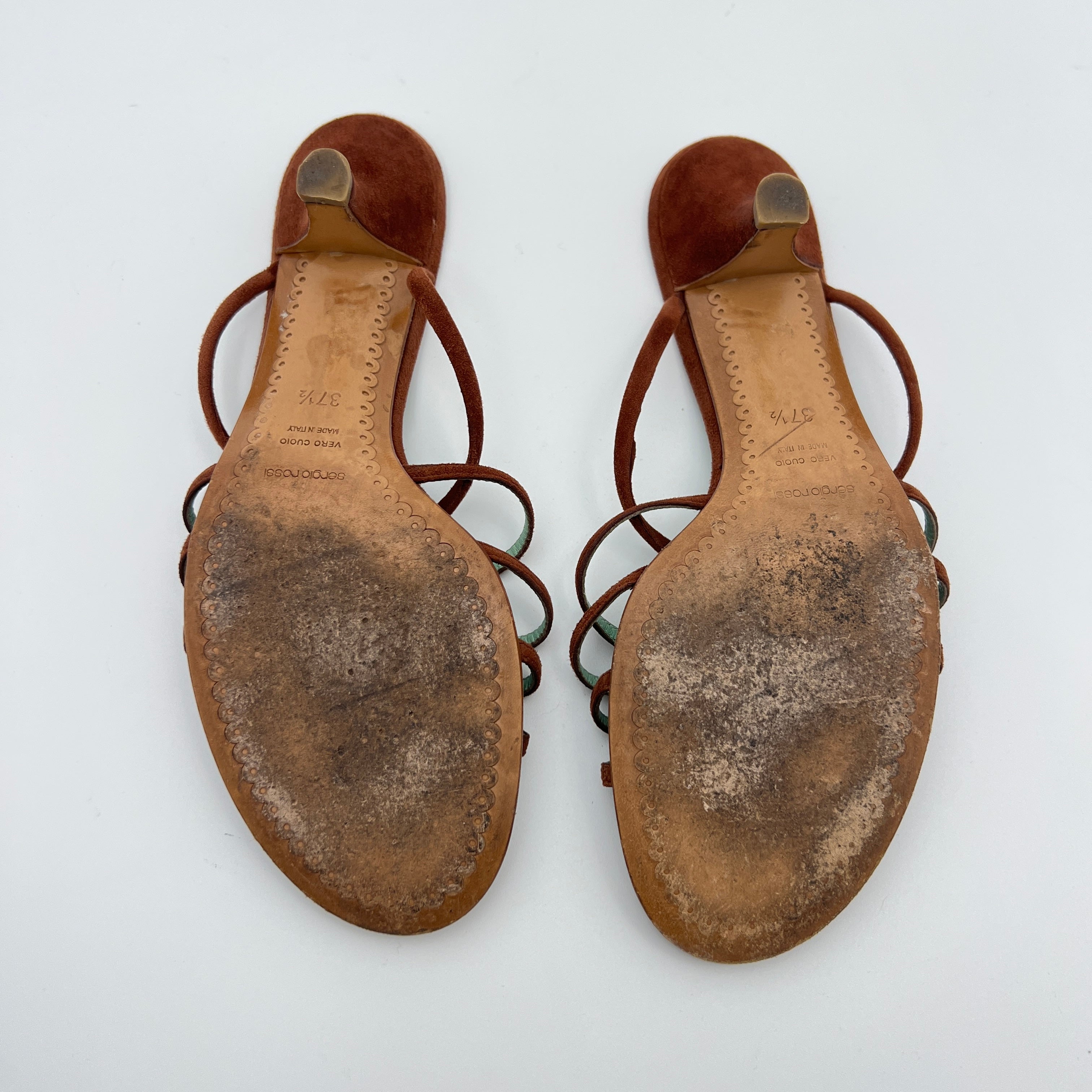 Sergio Rossi | Brown Suede Leather Strappy Mid Heel Sandal Mules (37.5)