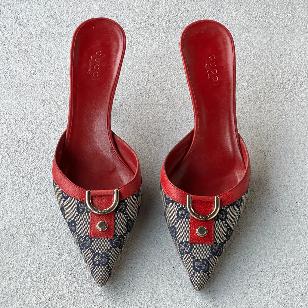 Gucci | Vintage Tom Ford Era GG Monogram Red Leather D Ring Pointed Toe Mules (35.5)