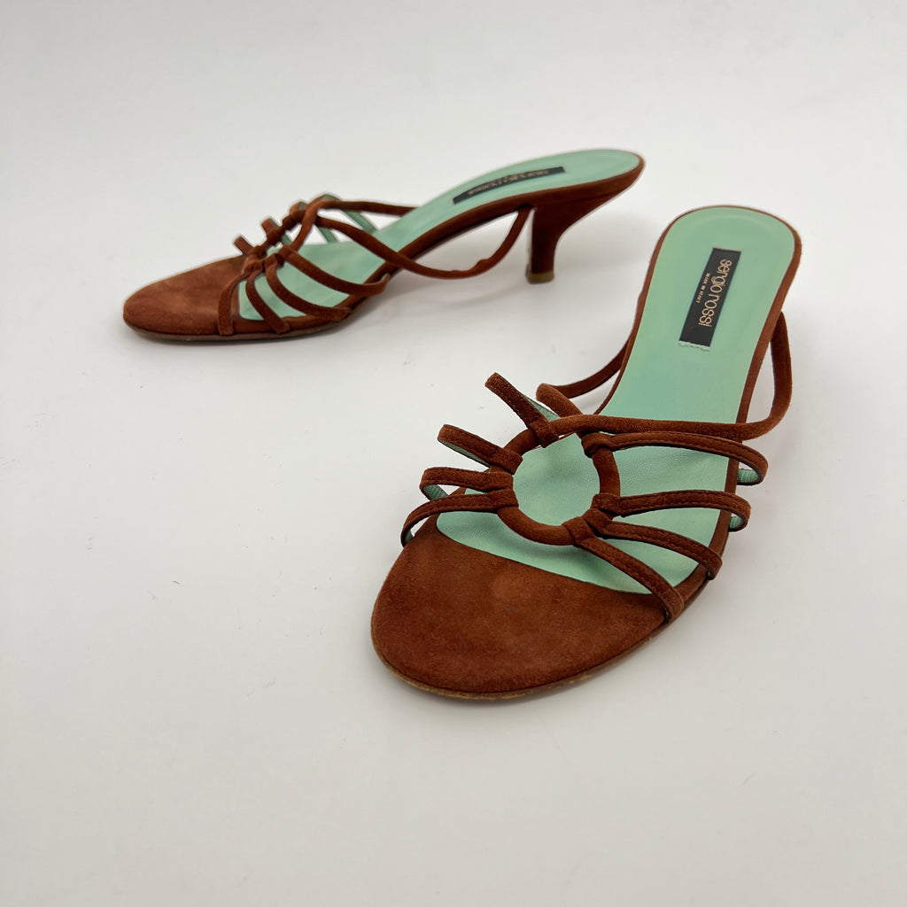 Sergio Rossi | Brown Suede Leather Strappy Mid Heel Sandal Mules (37.5)