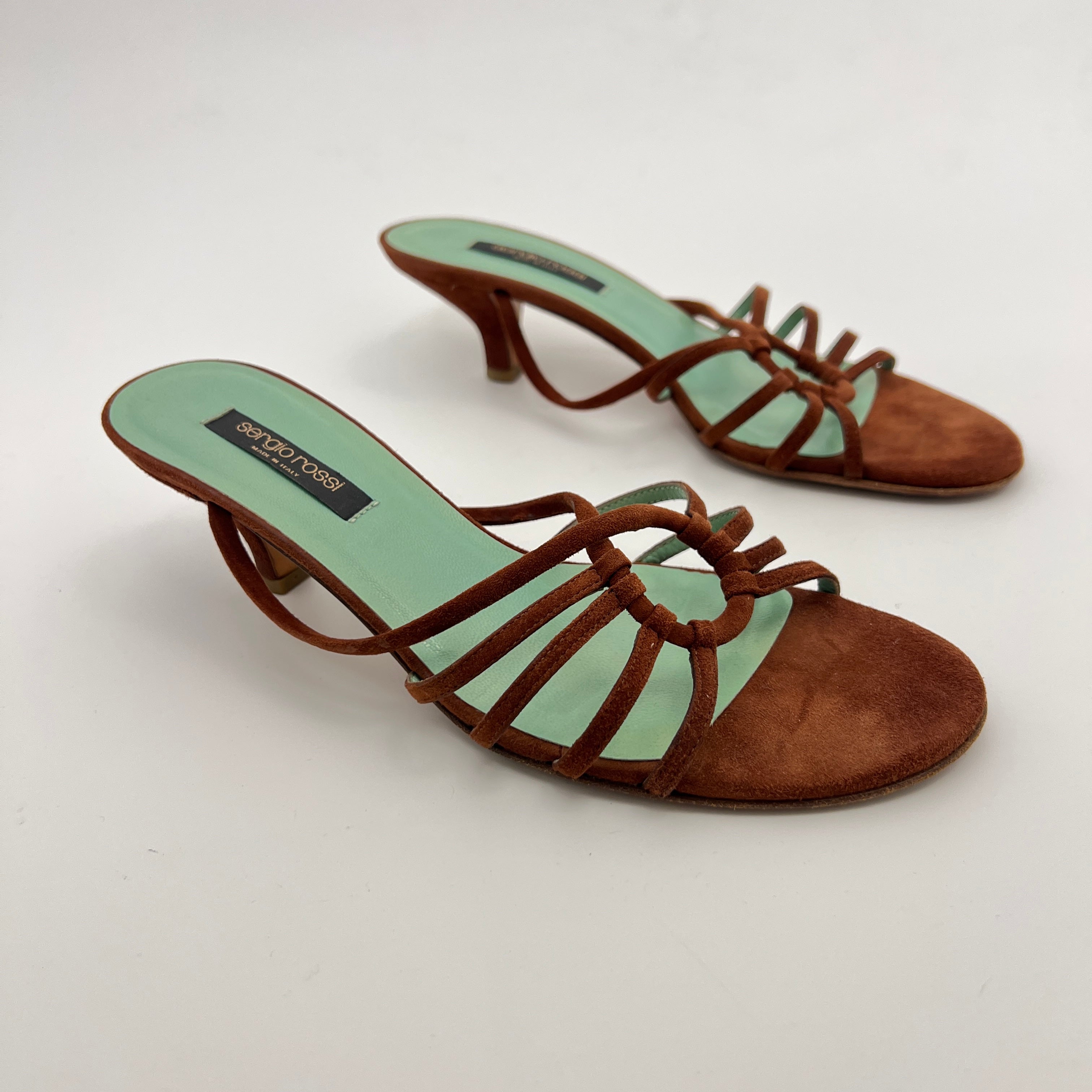Sergio Rossi | Brown Suede Leather Strappy Mid Heel Sandal Mules (37.5)
