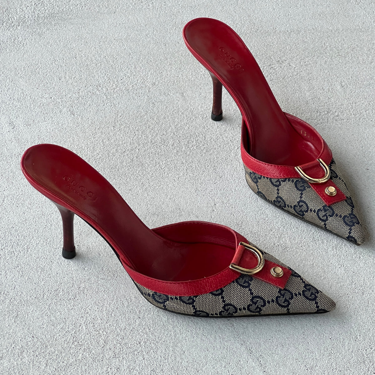 Gucci | Vintage Tom Ford Era GG Monogram Red Leather D Ring Pointed Toe Mules (35.5)