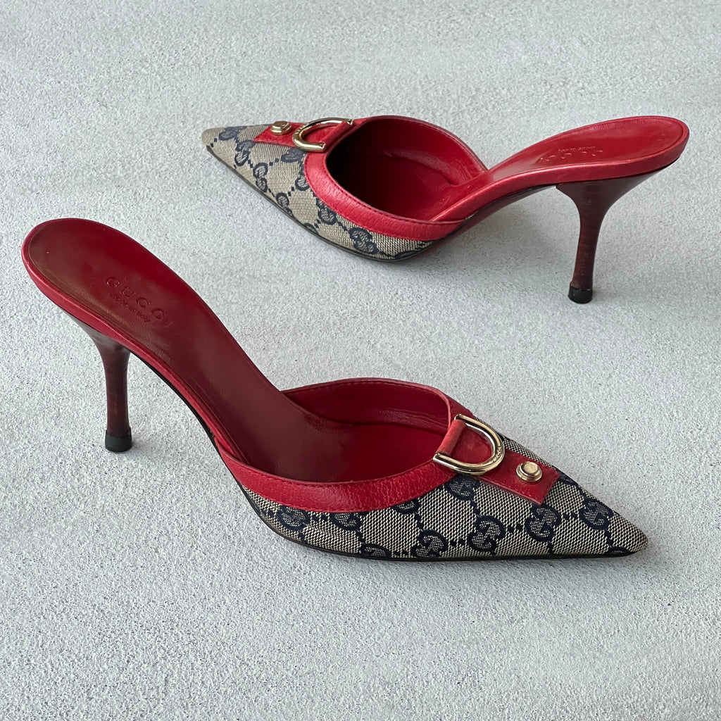 Gucci | Vintage Tom Ford Era GG Monogram Red Leather D Ring Pointed Toe Mules (35.5)