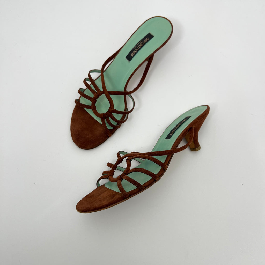 Sergio Rossi | Brown Suede Leather Strappy Mid Heel Sandal Mules (37.5)