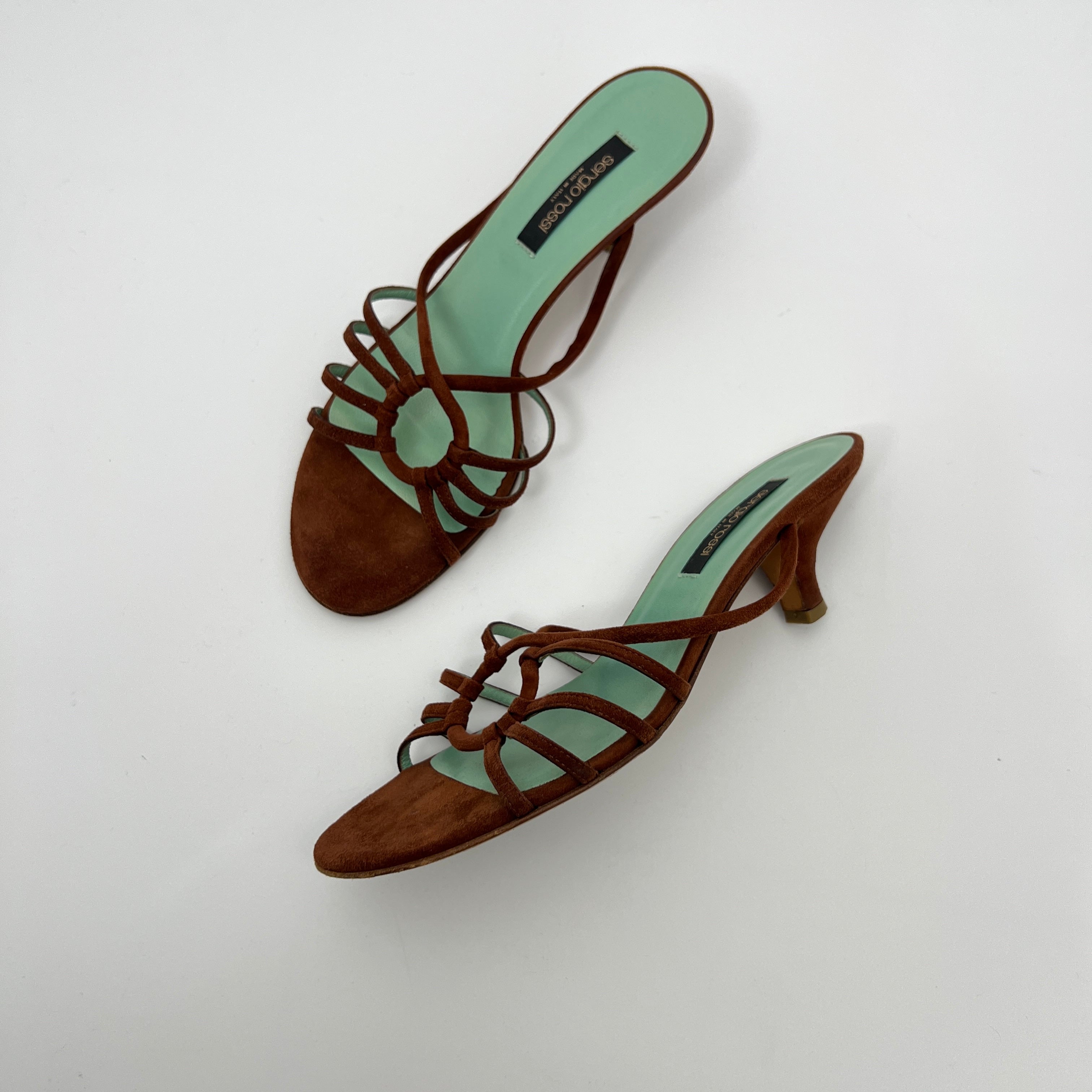 Sergio Rossi | Brown Suede Leather Strappy Mid Heel Sandal Mules (37.5)
