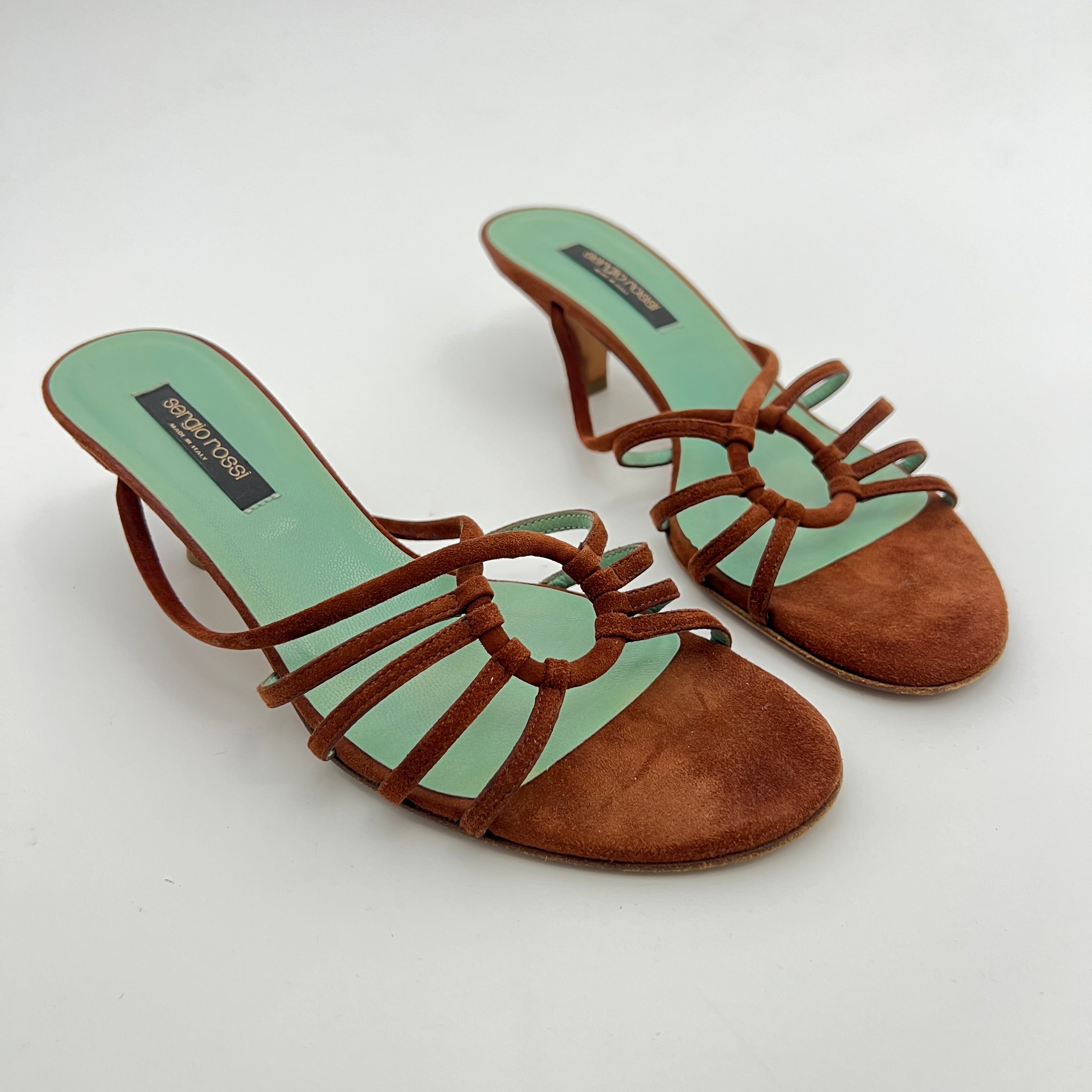 Sergio Rossi | Brown Suede Leather Strappy Mid Heel Sandal Mules (37.5)