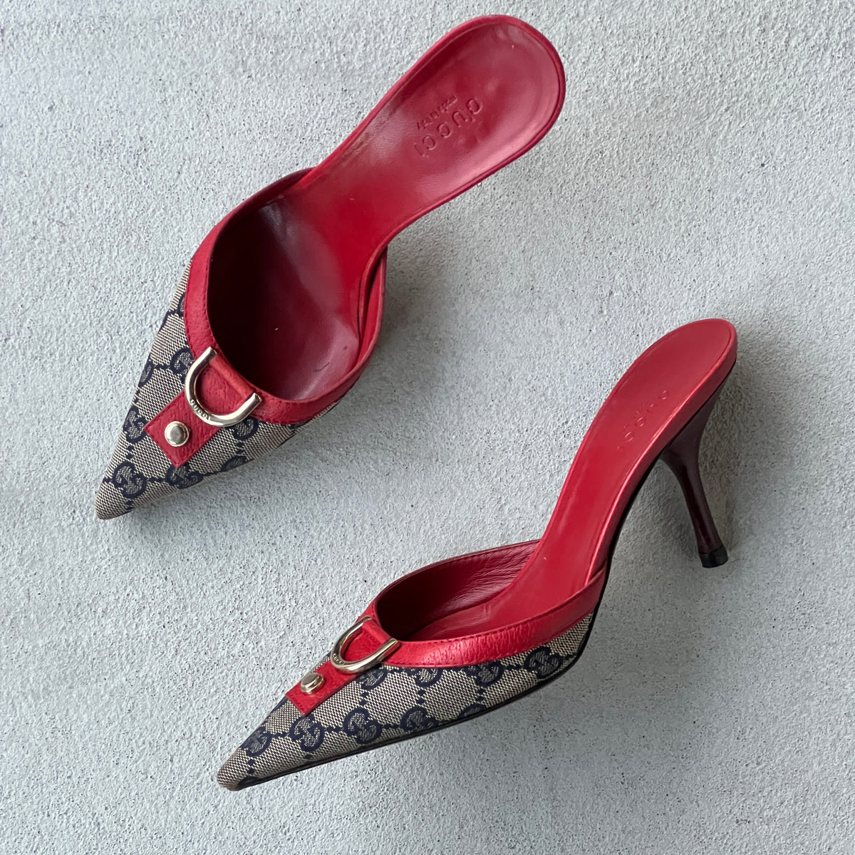 Gucci | Vintage Tom Ford Era GG Monogram Red Leather D Ring Pointed Toe Mules (35.5)