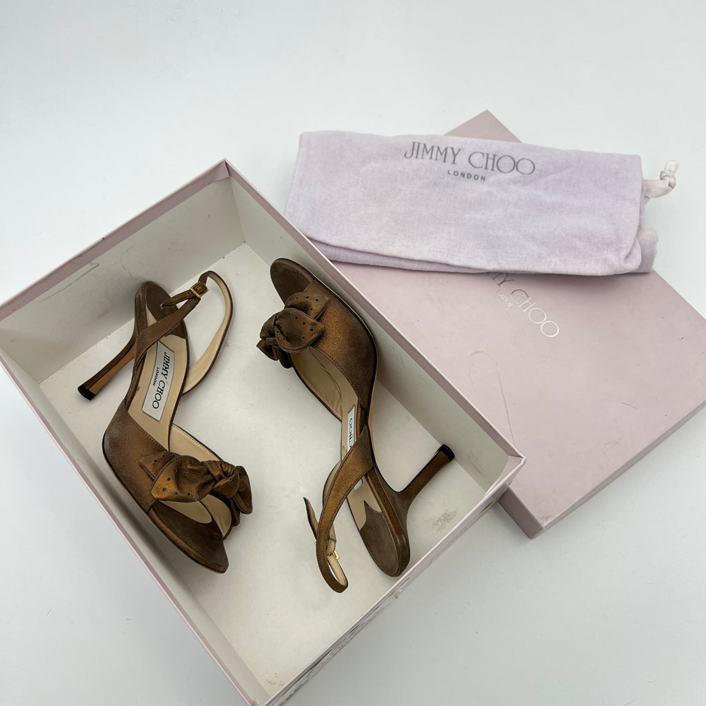 Jimmy Choo | Metallic Bronze Gold Suede Leather Bow Slingback Stiletto Heels (36)