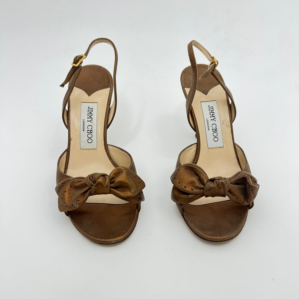Jimmy Choo | Metallic Bronze Gold Suede Leather Bow Slingback Stiletto Heels (36)