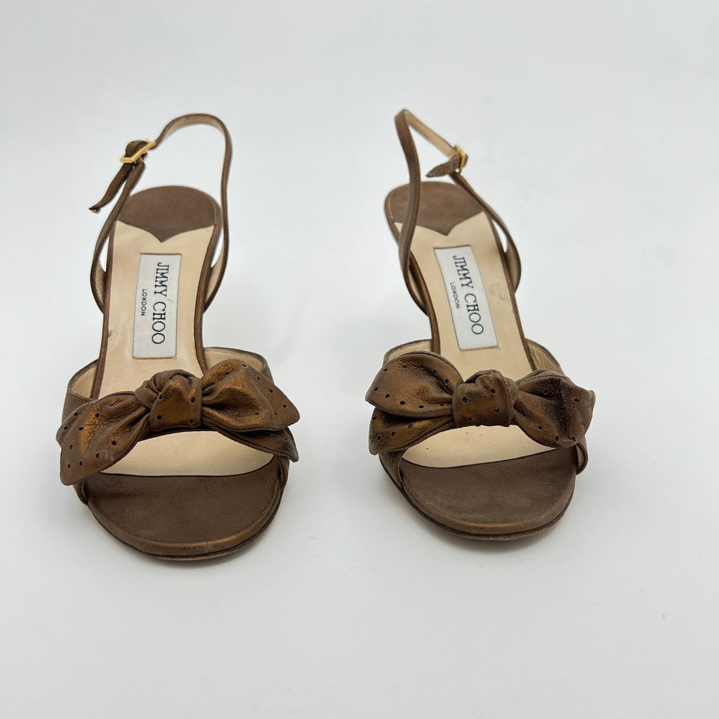 Jimmy Choo | Metallic Bronze Gold Suede Leather Bow Slingback Stiletto Heels (36)