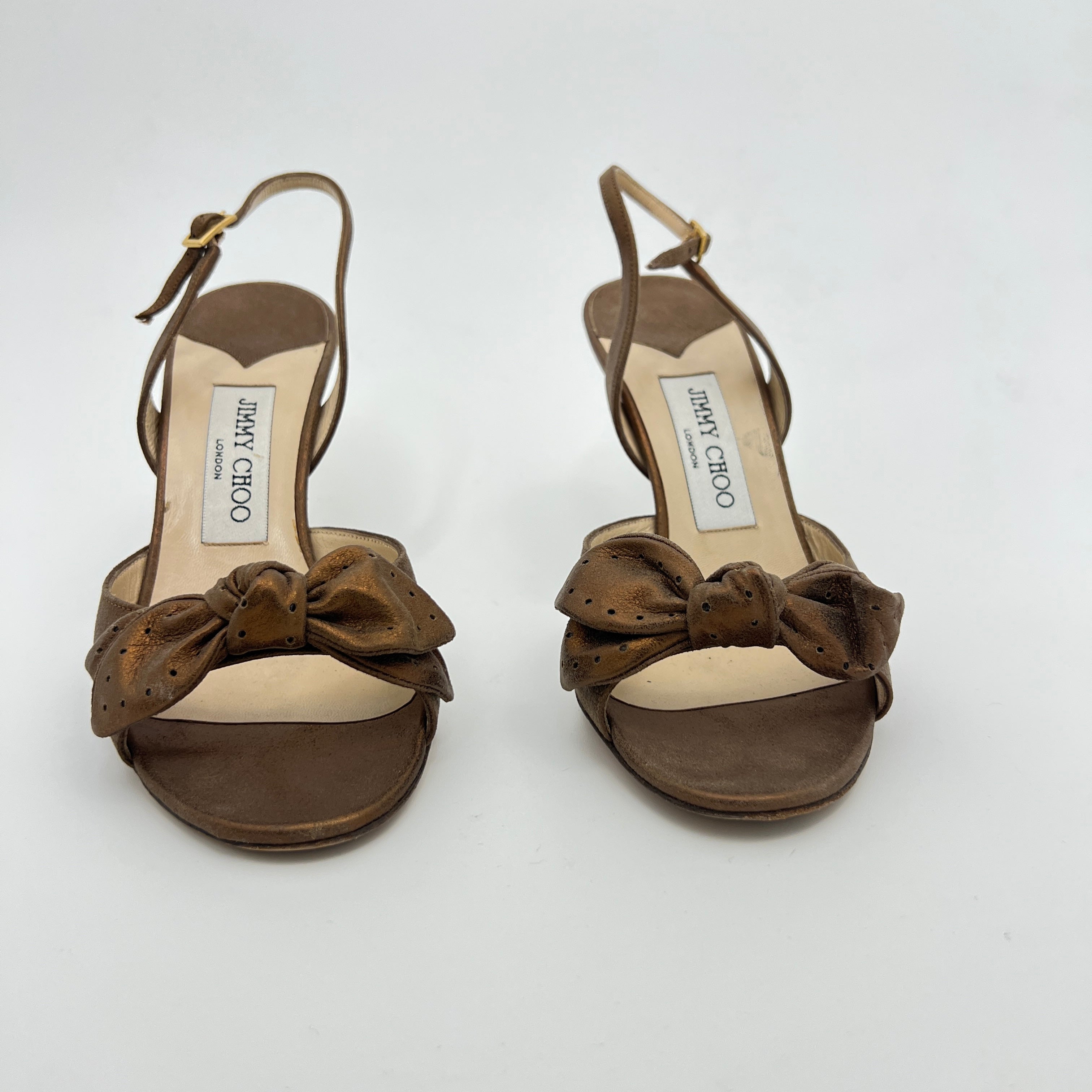 Jimmy Choo | Metallic Bronze Gold Suede Leather Bow Slingback Stiletto Heels (36)